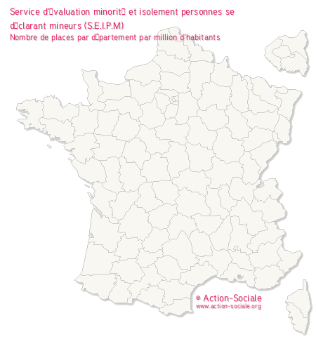 Service d'évaluation minorité et isolement personnes se déclarant mineurs (S.E.I.P.M). Nombre de places par département par million d'habitants