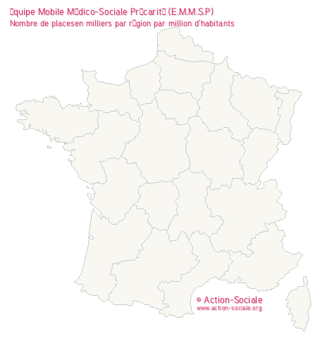 Équipe Mobile Médico-Sociale Précarité (E.M.M.S.P). Nombre de placesen milliers par région par million d'habitants