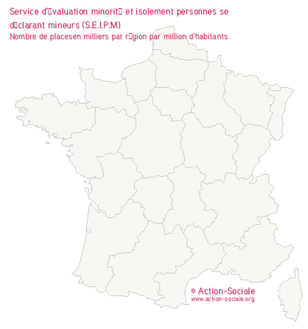 Service d'évaluation minorité et isolement personnes se déclarant mineurs (S.E.I.P.M). Nombre de placesen milliers par région par million d'habitants